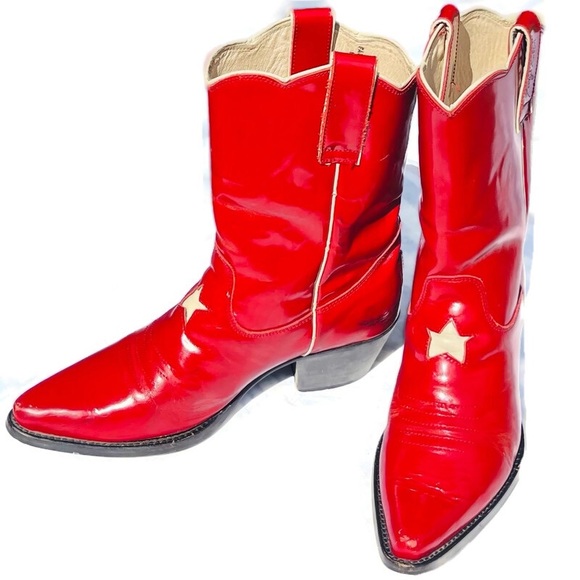Vintage Faryl Robin Shoes - Faryl Robin Vintage Cherry Red Patent White Leather Star Authentic Cowboy Boots